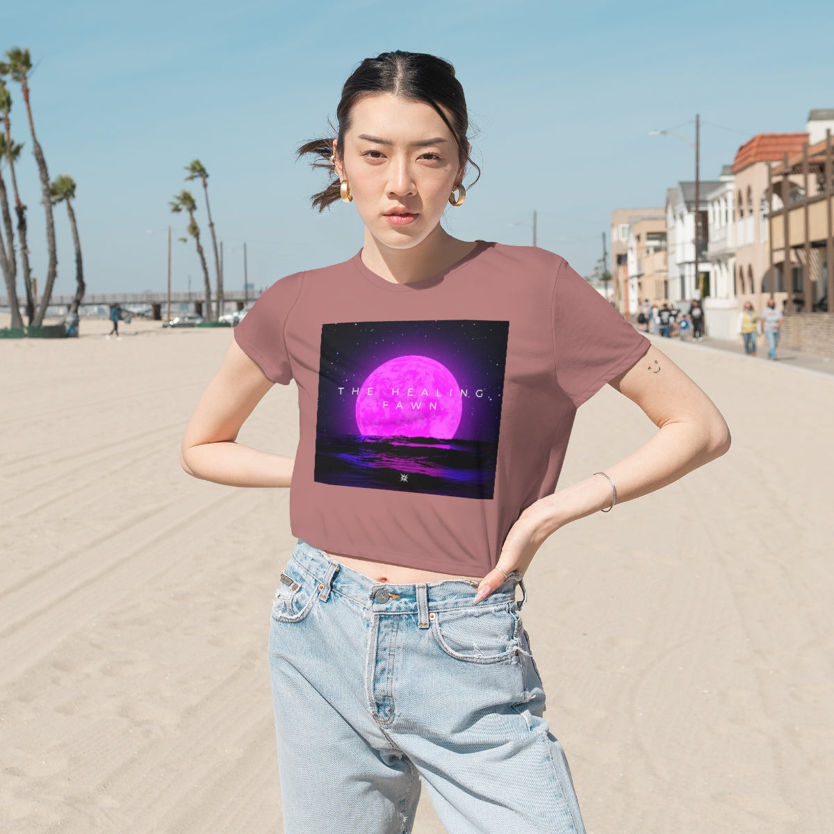 The Healing Fawn Pink Moon Flowy Crop Top Tee